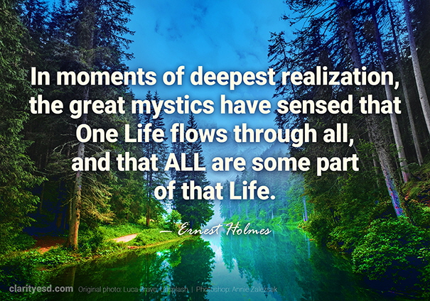 In moments of deepest realization, the great mystics have sensed that One Life flows through all, and that all are some part of that Life.