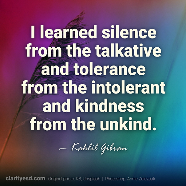 I learned silence from the talkative and tolerance from the intolerant and kindness from the unkind.