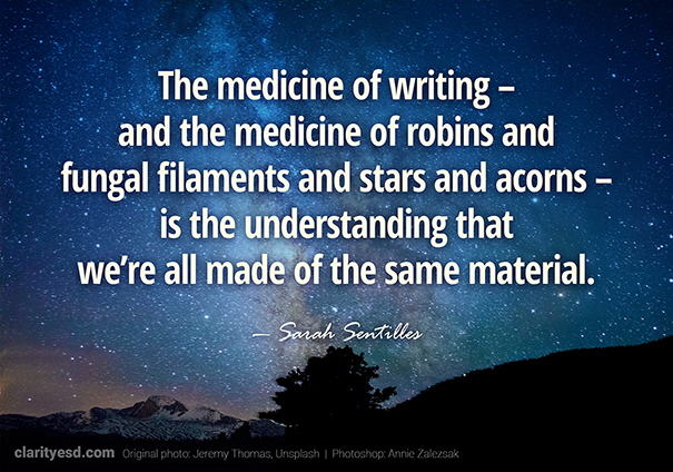 The medicine of writing – and the medicine of robins and fungal filaments and stars and acorns – is the understanding that we're all made of the same material.
