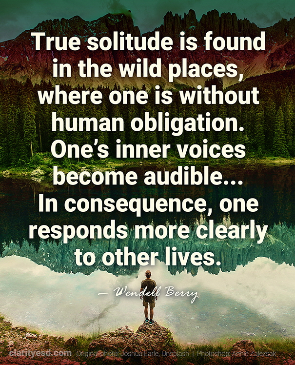 True solitude is found in the wild places, where one is without human obligation. One’s inner voices become audible... In consequence, one responds more clearly to other lives.