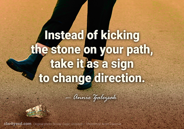 Instead of kicking the stone on your path, take it as a sign to change direction.